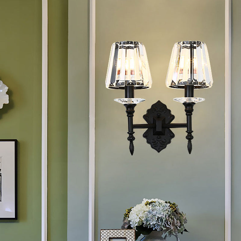 1/2-Light Bedside Wall Lighting Modernism Black Wall Mounted Lamp with Conic Crystal Block Shade Clearhalo 'Cast Iron' 'Glass' 'Industrial' 'Modern wall lights' 'Modern' 'Tiffany' 'Traditional wall lights' 'Wall Lamps & Sconces' 'Wall Lights' Lighting' 982614