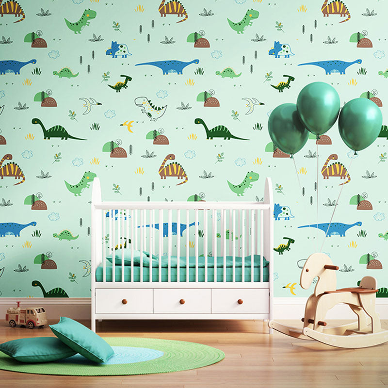 Stain-Resistant Cartoon Animal Wallpaper Roll 57.1 sq ft. Minimalist Wall Covering for Children's Bedroom Green Clearhalo 'Wall Decor' 'Wallpaper' 984961