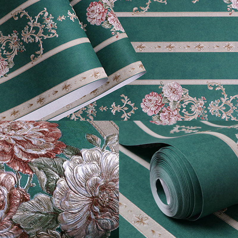 Nostalgic Flower and Stripe Wallpaper for Living Room, 57.1 sq ft. Wall Decor in Natural Color Clearhalo 'Vintage wall decor' 'Vintage' 'Wallpaper' Wall Decor' 986987