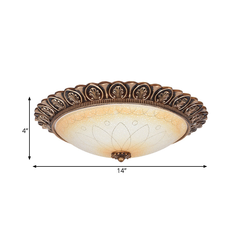 LED Flush Ceiling Light Antique Leaf-Trimmed Dome Frosted Glass Flushmount Lighting in Gold Clearhalo 'Ceiling Lights' 'Close To Ceiling Lights' 'Close to ceiling' 'Flush mount' Lighting' 987834
