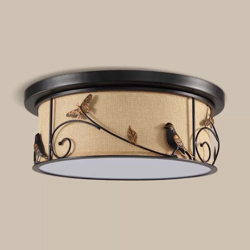 Drum Fabric Ceiling Flush Mount Cottage Bedroom LED Flushmount Lighting with Pastoral Scene Decor in Black Clearhalo 'Ceiling Lights' 'Close To Ceiling Lights' 'Close to ceiling' 'Flush mount' Lighting' 987907