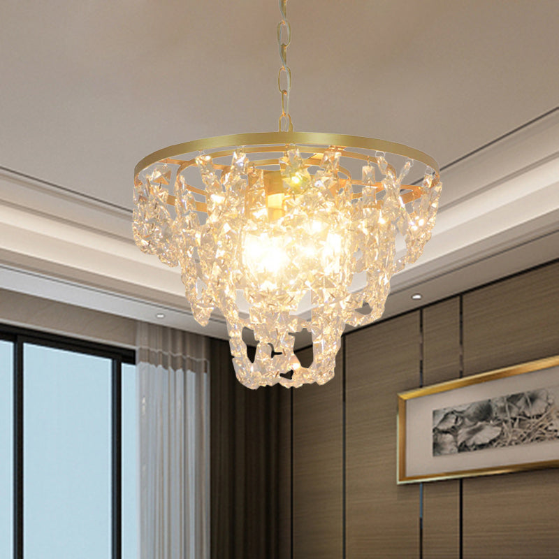 Chain Hanging Pendant Light Nordic 3 Lights Beveled Crystal Prisms Ceiling Chandelier in Gold Clearhalo 'Ceiling Lights' 'Chandeliers' 'Modern Chandeliers' 'Modern' Lighting' 988419