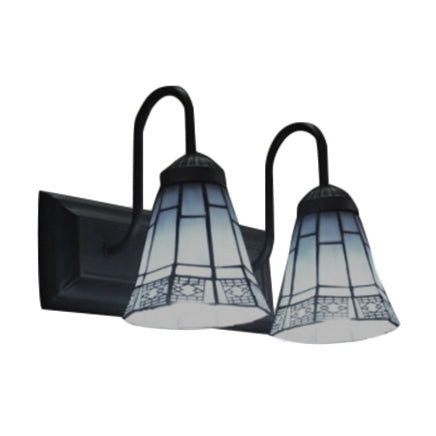 2 Head Living Room Wall Mount Light Tiffany Black Sconce Light with Flared Blue Glass Shade Clearhalo 'Industrial' 'Middle century wall lights' 'Tiffany wall lights' 'Tiffany' 'Wall Lamps & Sconces' 'Wall Lights' Lighting' 98919