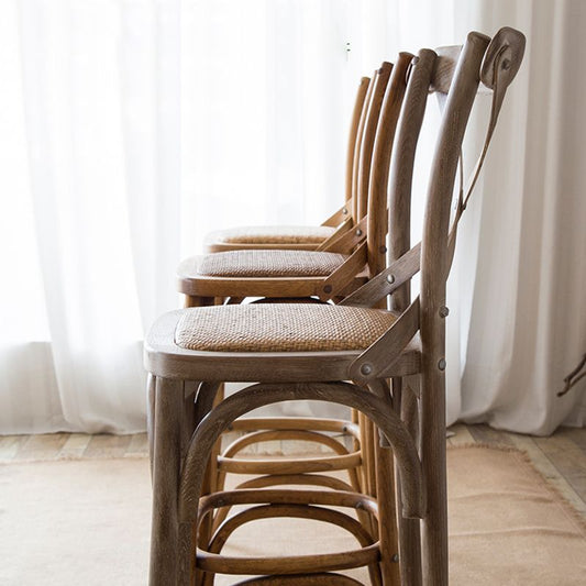Oak Solid Wood and Rattan Bar Stool Modern Armless Indoor Bar Stool