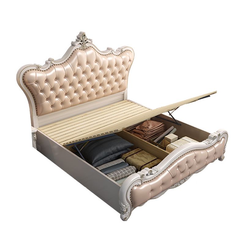 84.65 inch Wide Victorian Bed Frame Rubberwood Bed with Upholstered Headboard