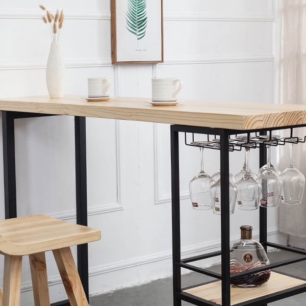 Mesa de comedor rectangular natural, mesa de altura de barra de madera maciza con pedestal y estantes
