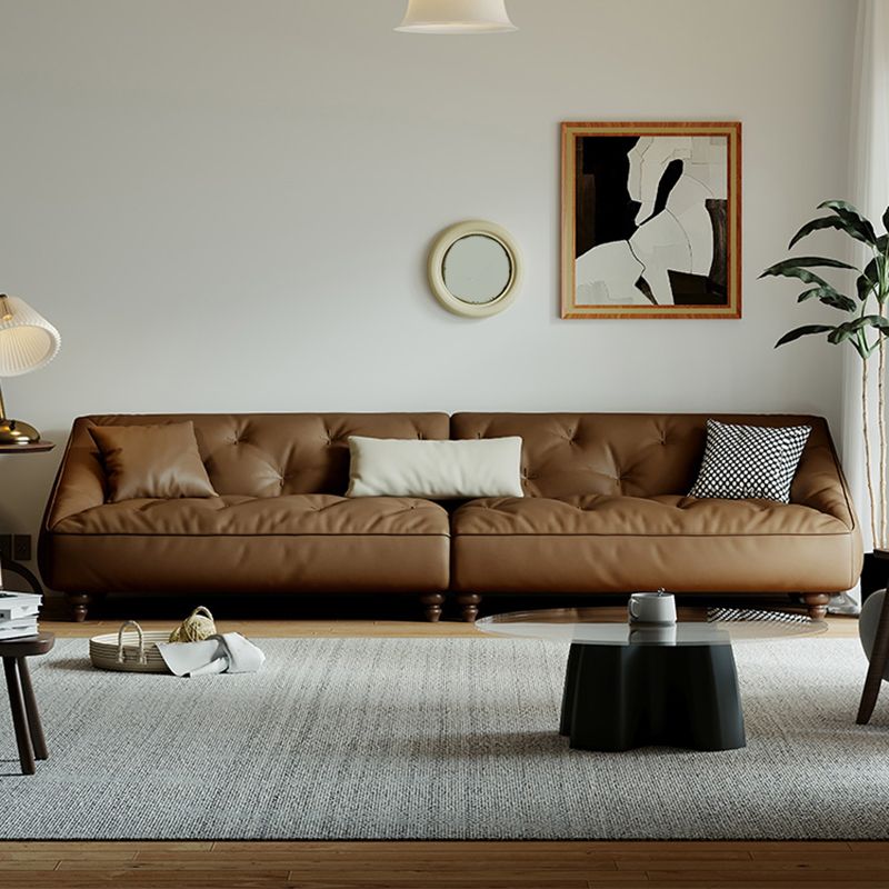 Mid-Century Modern Sloped Arm Sofa Tufted Genuine Leather Sofa in Brown