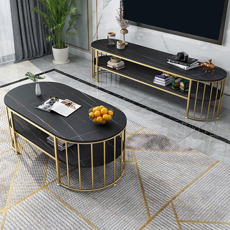 Glam Marble Coffee Cocktail Table Frame Oval Coffee Table with Shelf Clearhalo 'Coffee & Accent Tables' 'Coffee Tables' 'coffee_tables' 'furn' 'furn_coffee_tables' 'Furniture' 'Living Room Furniture' 1200x1200_00faa0a4-4ec3-4bcb-9c71-35a7912cce1a
