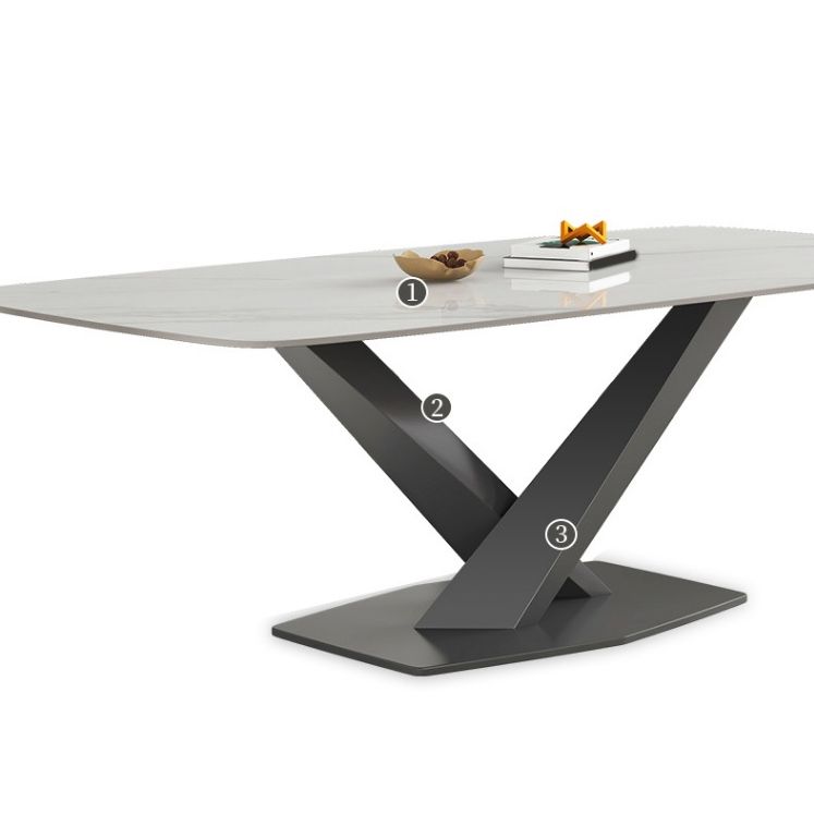 White Stone Top Dining Table Rectangular Tabletop with Metal Pedestal Base Clearhalo 'Dining Tables & Seating' 'Dining Tables' 'dining_table' 'furn' 'furn_dining_table' 'Furniture' 'Kitchen & Dining Furniture' 1200x1200_011e894d-3be5-4862-8086-74ef2902b7b9