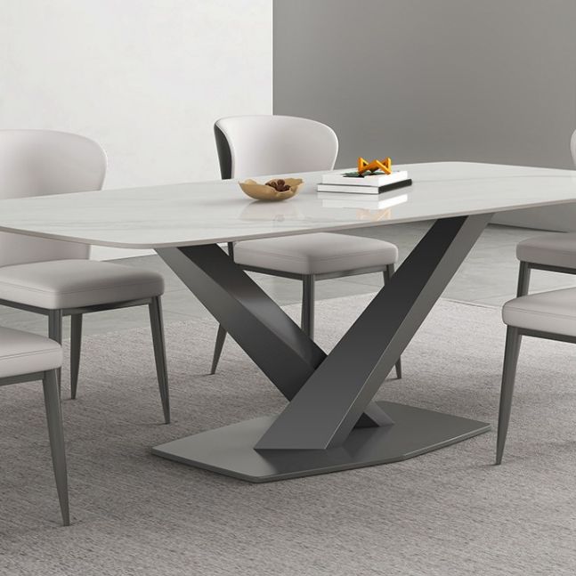 White Stone Top Dining Table Rectangular Tabletop with Metal Pedestal Base Clearhalo 'Dining Tables & Seating' 'Dining Tables' 'dining_table' 'furn' 'furn_dining_table' 'Furniture' 'Kitchen & Dining Furniture' 1200x1200_01392d1e-3ec2-4b49-836f-bc6312497b1a