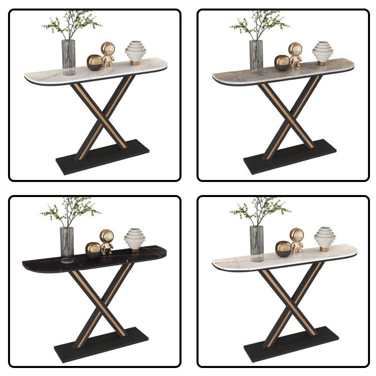 Half Moon Stone Top Accent Table with Black Iron Pedestal Base Clearhalo 'Console Tables' 'console_tables' 'Entry & Mudroom Furniture' 'furn' 'furn_console_tables' 'Furniture' 1200x1200_01548798-892d-4a6c-bd21-e4027a0b94ad