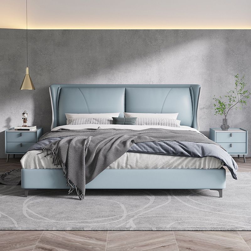 Moderne echte Lederpanel -Bettkiefernholzbett mit gepolstertem Kopfteil