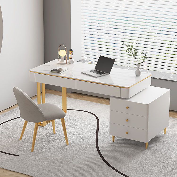 Modern Stone Office Desk Rectangular Shape Task Desk with 5-Drawers in White