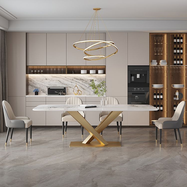 Moderne witte rechthoekige stenen eettafel met metalen voetstuk