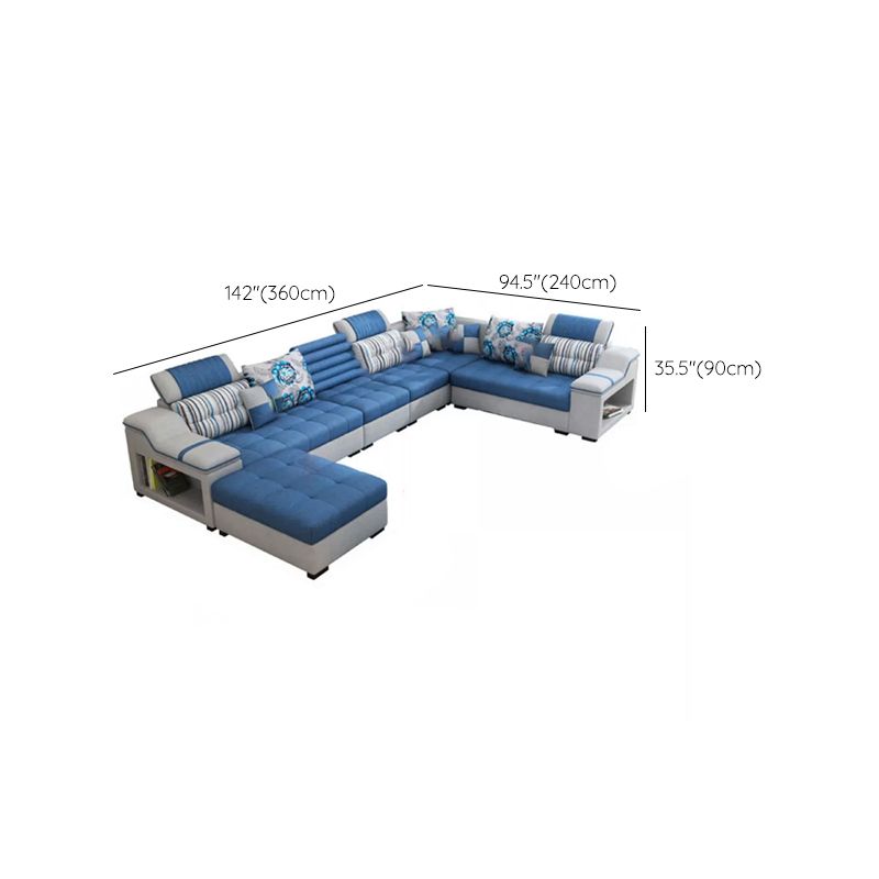 Divano in ecopelle e divano con chaise longue con braccioli e contenitori in blu