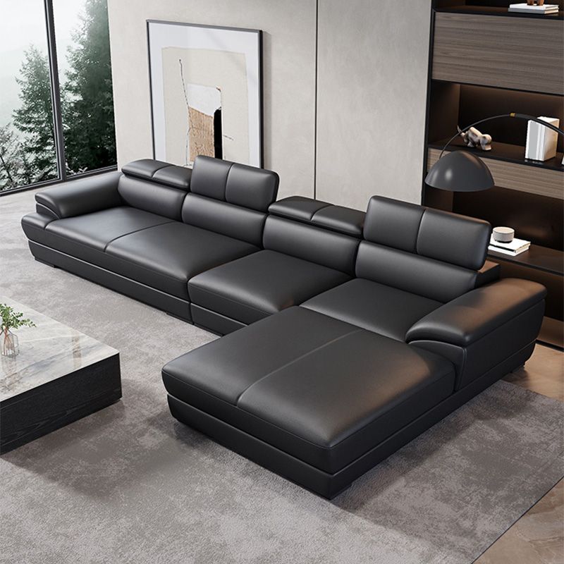 Genuine Leather Pillow Top Arm Sectional Sofa 27.55"High Cushion Back Sofa,Black Clearhalo 'furn' 'furn_sectionals' 'Furniture' 'Living Room Furniture' 'Sectionals' 1200x1200_01fbbd57-3236-4398-96b3-8bb0b54fc0e3