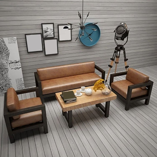 Zeitgenössisches braunes Ledersofa mit schwarzem Quadrat in Eisen für die Wohnung