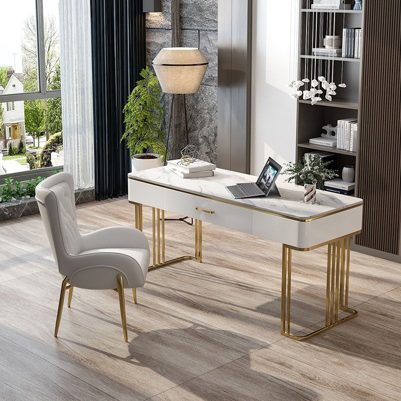 White and Gold Office Desk Glam Sled Writing Desk with Drawer Clearhalo 'furn' 'furn_office_desk' 'Furniture' 'Office Desks' 'Office Furniture' 'office_desk' 1200x1200_0220061f-0f57-4d1f-aff1-11cc417ec4cb