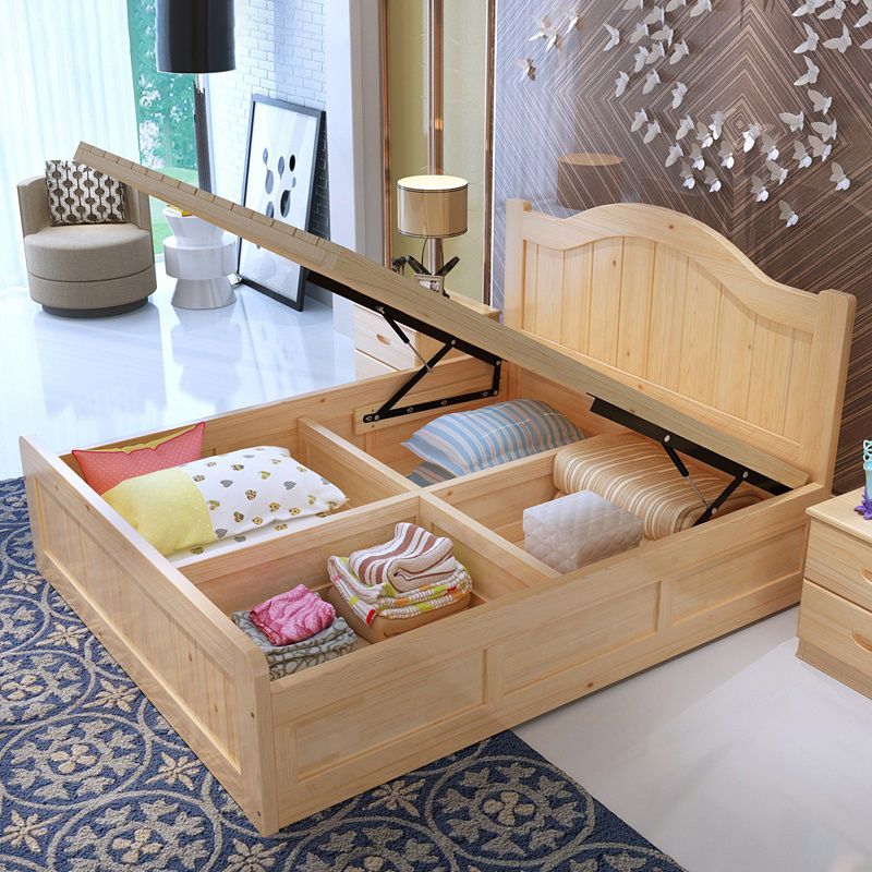 コンテンポラリーソリッドカラー標準ベッドウッドストレージキャメルバックベッドフレーム