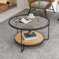 Modern Round Glass Top Cocktail Table with Wooden Shelf and Iron Base