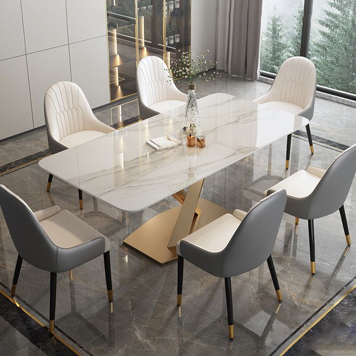Modern Style Sintered Stone Dining Table with White Table and Gold Trestle Base for Home Use Clearhalo 'Dining Room Sets' 'Dining Tables & Seating' 'dining_room_set' 'furn' 'furn_dining_room_set' 'Furniture' 'furniture_dining_room_set' 'Kitchen & Dining Furniture' 'kitchen&dining_furn' 'kitchen' 1200x1200_02958aef-57d1-450e-9423-cca6350b5a8d