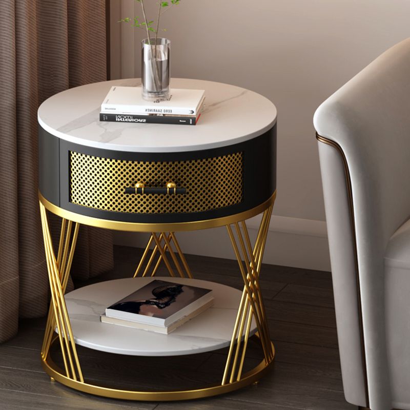 Round Side Table with 1 Drawer Metal Frame Side End Snack Table