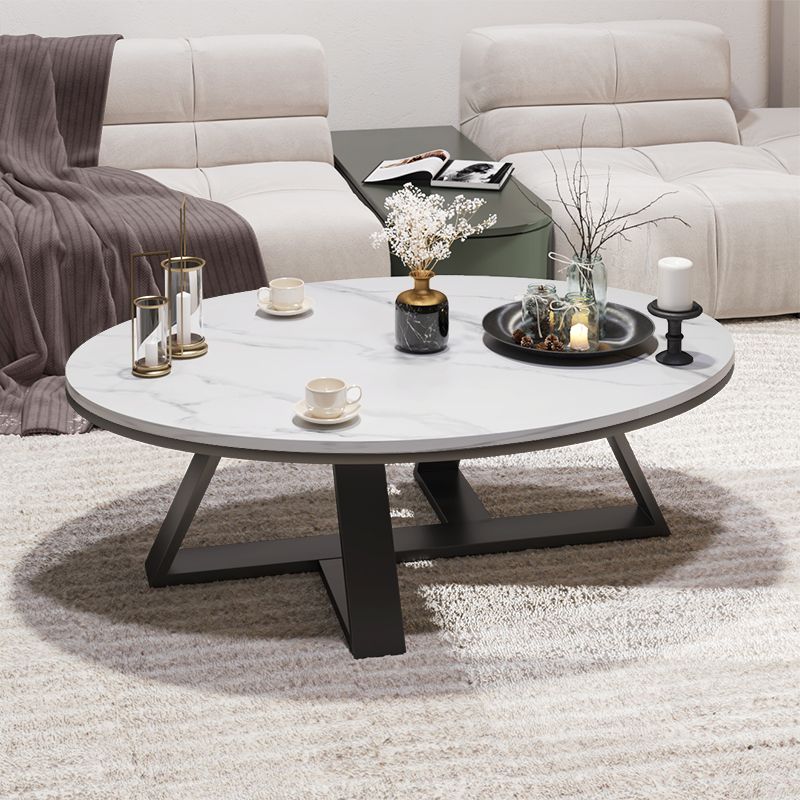 Glam Oval Stone Top Couchtisch mit Eisenkreuz -Basis -Cocktailtisch