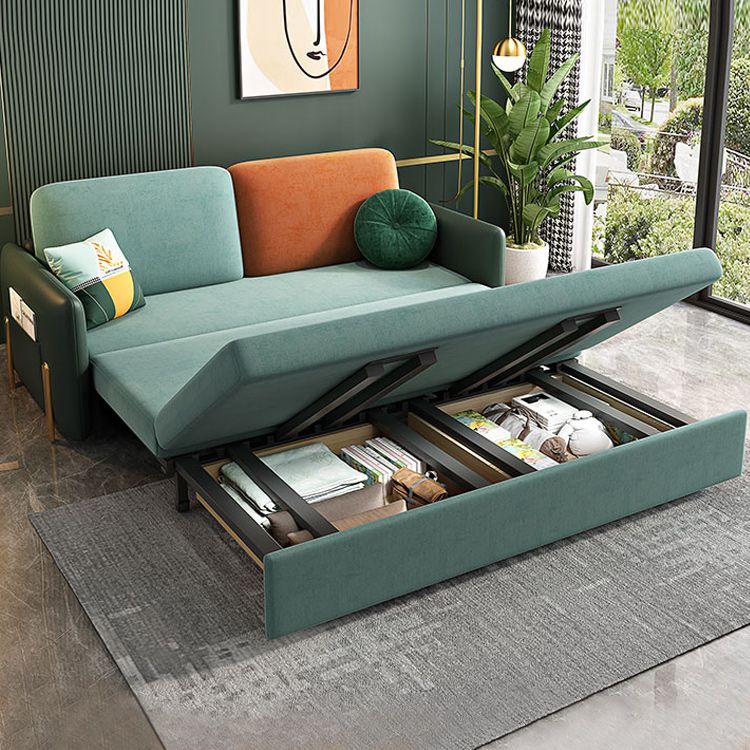 Square Arms Futon Foldable Pillow Included Green Sleeper Sofa with Storage
