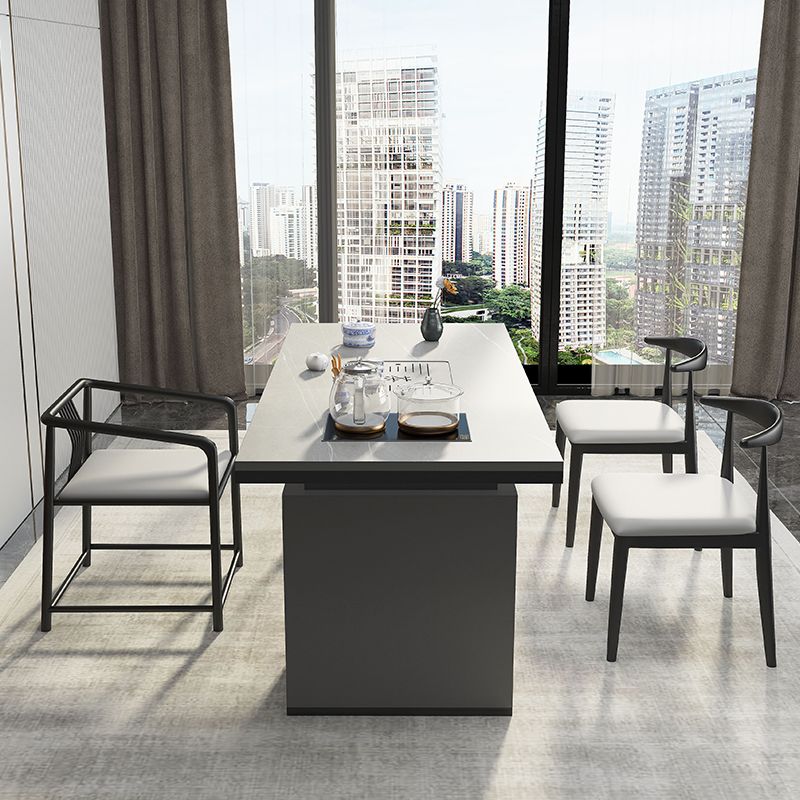 Metal Double Pedestal Table Modern Stone Top Rectangle Counter Dining Table Clearhalo 'Dining Tables & Seating' 'Dining Tables' 'dining_table' 'furn' 'furn_dining_table' 'Furniture' 'furniture_dining_table' 'Kitchen & Dining Furniture' 'kitchen' 'kitchen_dining_table' 1200x1200_02b5ab59-25b1-4d49-8159-1d64434460a9