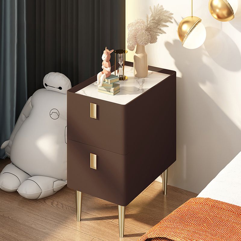 Glam Glam Rectangular Stone Top Night Table Table Cuir de 2 Drawer Tablette de nuit avec 4 jambes