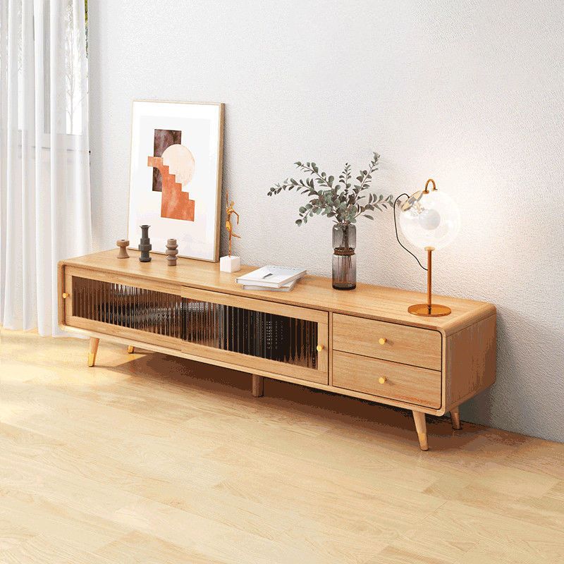 Consola de TV nórdica de madera maciza con 2 cajones y almacenamiento deslizante