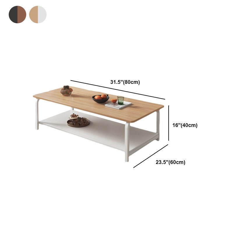 Modern 15,7 "hoge metalen slede rechthoekige houten bovenste salontafel met plank