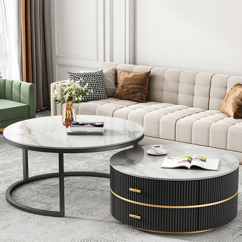 Round Slate Coffee Table Set Frame Cocktail Table with 2 Storage Drawers Clearhalo 'Coffee & Accent Tables' 'Coffee Tables' 'coffee_tables' 'furn' 'furn_coffee_tables' 'Furniture' 'Living Room Furniture' 1200x1200_02fbd944-af65-47b6-9608-680f3b7e95cc
