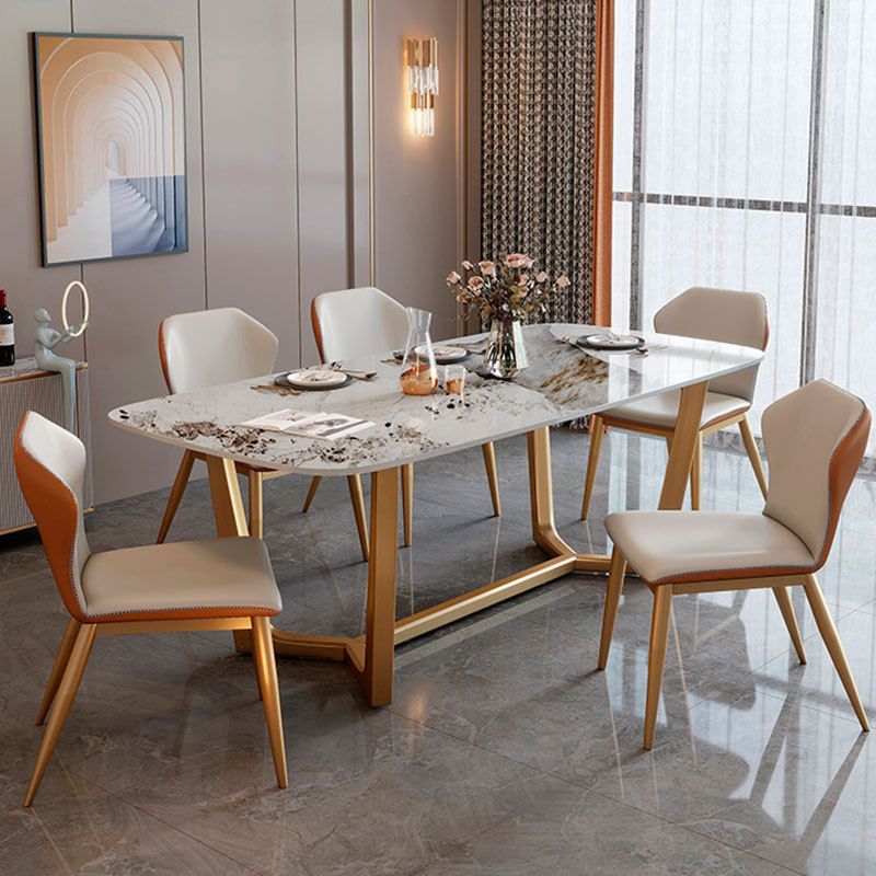 Traditional Luxury Sintered Stone Top Dining Table Rectangle Table with Gold Trestle Base Clearhalo ' dining_table' 'Dining Tables & Seating' 'Dining Tables' 'furn' 'furn_dining_table' 'Furniture' 'furniture_dining_table' 'Kitchen & Dining Furniture' 'kitchen&dining_furn' 'kitchen' 'kitchen_dining_table' 1200x1200_03928102-becf-4f76-bed5-9b8fa9ce6495