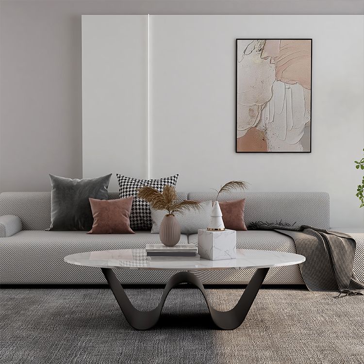 Metal Abstract Base Cocktail Table Glam Oval Slate Top Coffee Table