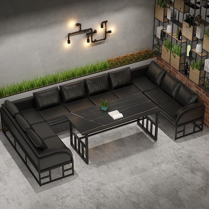 Industrial Dining Room Table Black Sintered Stone Table with Black Trestle Base Clearhalo ' dining_table' 'Dining Tables & Seating' 'Dining Tables' 'furn' 'furn_dining_table' 'Furniture' 'furniture_dining_table' 'Kitchen & Dining Furniture' 'kitchen&dining_furn' 'kitchen' 'kitchen_dining_table' 1200x1200_03bc464f-94af-4071-8be9-de6ee8ac2aca