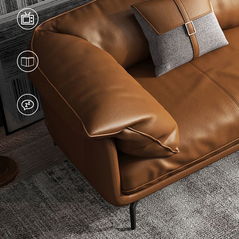 Modern Pillow Back Sofa Orange Genuine Leather Tuxedo Arm Sofa