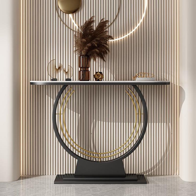 12 Inch Wide Glam Accent Table Half Moon Stone Console Table for Hall