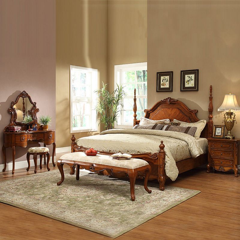 Traditional Solid Wood Brown Bedroom Mirror With Drawer Makeup Vanity Set