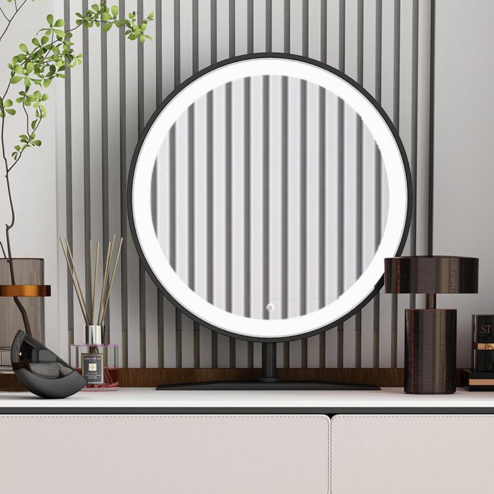 Contemporáneo con cajón de cuero de cuero gris iluminado espejo de cajón tocador