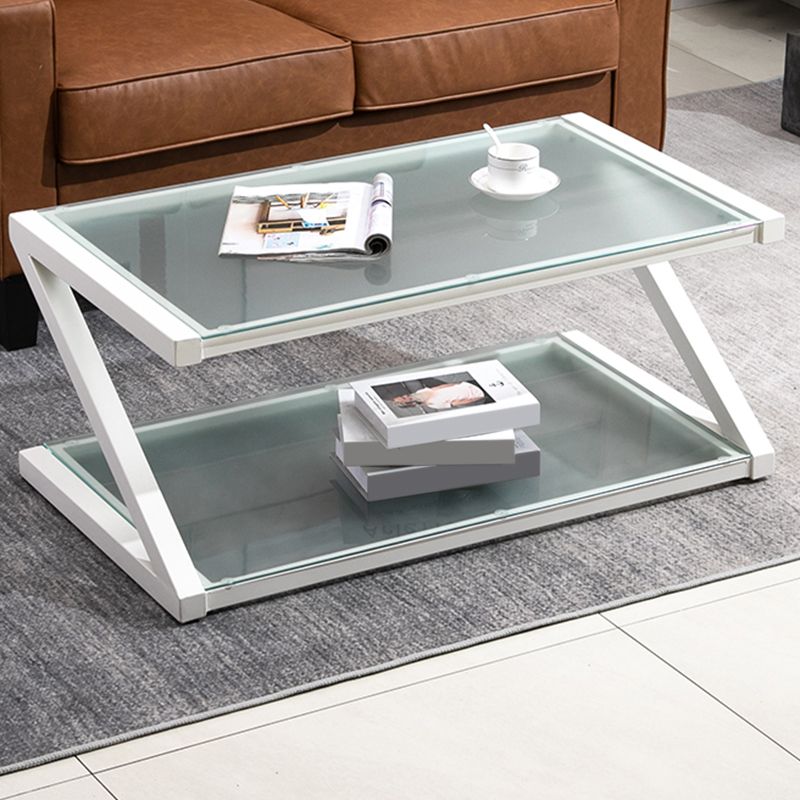 Rectangle Glass Top Coffee Table Stainless Steel Frame with Storage