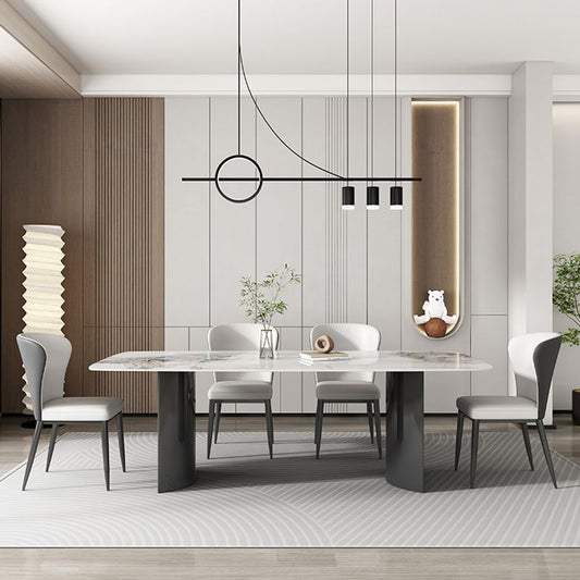 Hedendaagse grijze rechthoekige stenen eettafel met dubbele voetstuk