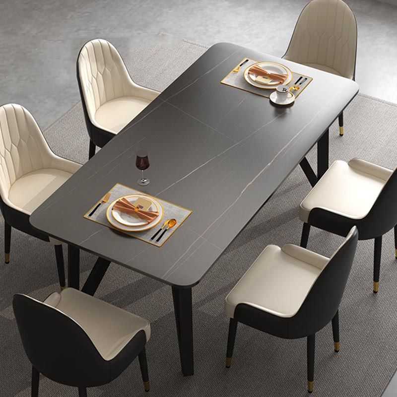 Industrial Rectangle Tripod Base Dining Table Black Frame Stone Top Dining Table Clearhalo 'Dining Tables & Seating' 'Dining Tables' 'dining_table' 'furn' 'furn_dining_table' 'Furniture' 'furniture_dining_table' 'Kitchen & Dining Furniture' 'kitchen' 'kitchen_dining_table' 1200x1200_04cb2650-ca79-46ed-a137-c4e6447b9f32