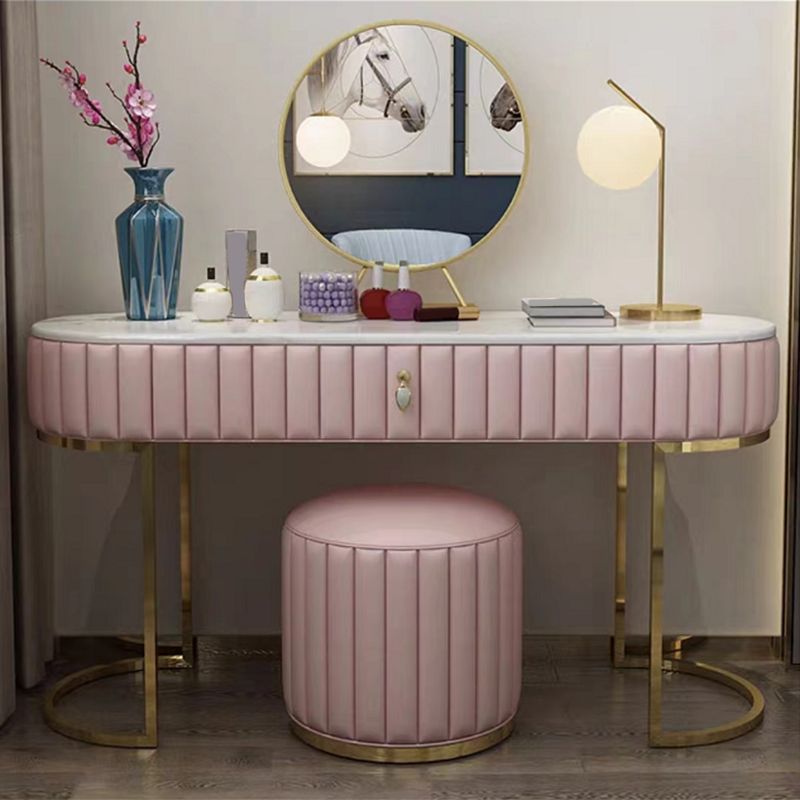 1-Drawer Makeup Vanity Table with Mirror & Stool Luxurious Stone/Leather Dresser Clearhalo 'Bedroom Furniture' 'furn' 'furn_makeup_vanities' 'Furniture' 'Makeup Vanities' 'makeup_vanities' 1200x1200_04dd3c02-6a69-4851-8ffc-2dd51f914491
