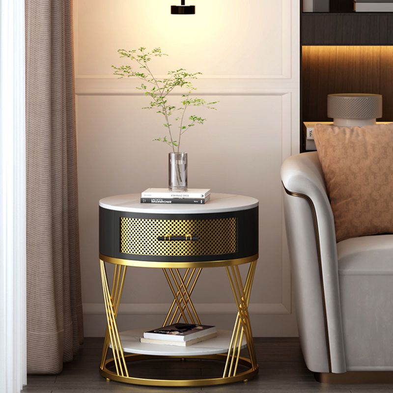 Round Side Table with 1 Drawer Metal Frame Side End Snack Table