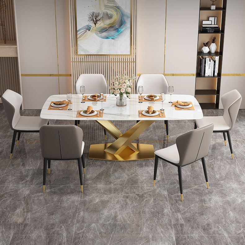 Minimalist Style Sintered Stone Dining Room Set with White Table and Gold Trestle Base for Home Use Clearhalo 'Dining Room Sets' 'Dining Tables & Seating' 'dining_room_set' 'furn' 'furn_dining_room_set' 'Furniture' 'furniture_dining_room_set' 'Kitchen & Dining Furniture' 'kitchen&dining_furn' 'kitchen' 1200x1200_0517a8c8-c192-442b-8c30-f294655e5a54