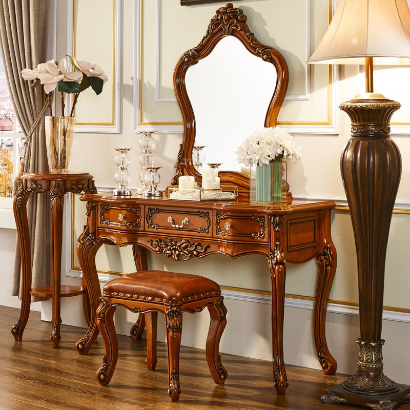 17.71 "Ensemble de vanité marron de large avec des tables de vanité en bois miroir avec 3 tiroirs de rangement