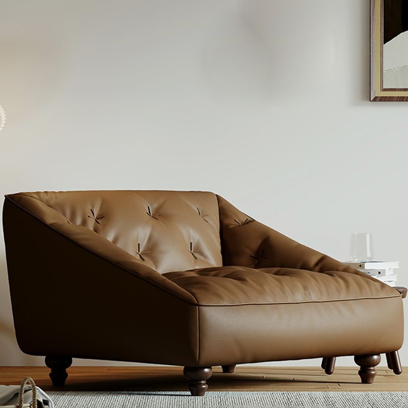 Mid-Century Modern Sloped Arm Sofa Tufted Genuine Leather Sofa in Brown