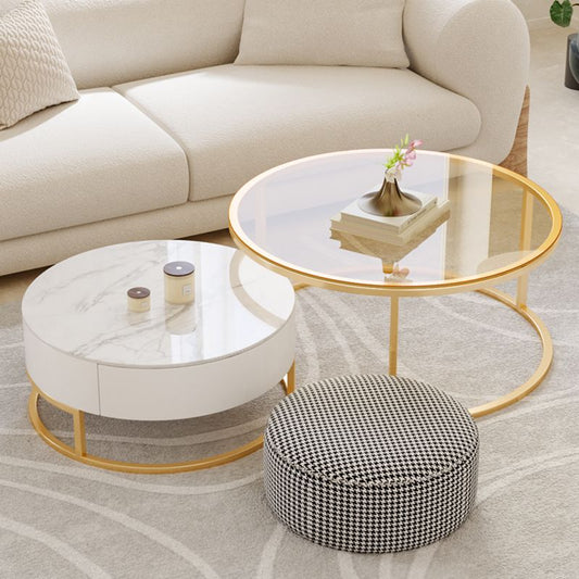 Glass Top Frame Coffee Table Round Nesting Coffee Table Set with Drawer Clearhalo 'Coffee & Accent Tables' 'Coffee Tables' 'coffee_tables' 'furn' 'furn_coffee_tables' 'Furniture' 'Living Room Furniture' 1200x1200_057c01dd-ce11-485c-a572-d0b663e43ebf