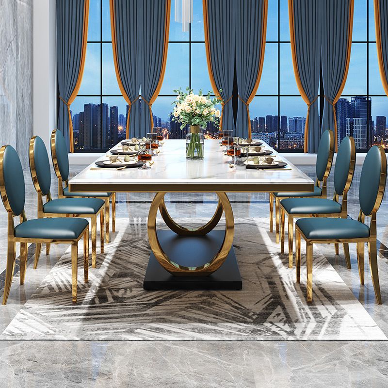 Modern Style Marble Table with White Table and Gold Trestle Base for Home Use Clearhalo 'Dining Room Sets' 'Dining Tables & Seating' 'dining_room_set' 'furn' 'furn_dining_room_set' 'Furniture' 'furniture_dining_room_set' 'Kitchen & Dining Furniture' 'kitchen&dining_furn' 'kitchen' 1200x1200_0584da18-9dcd-41a1-ba4b-35387027fc2b
